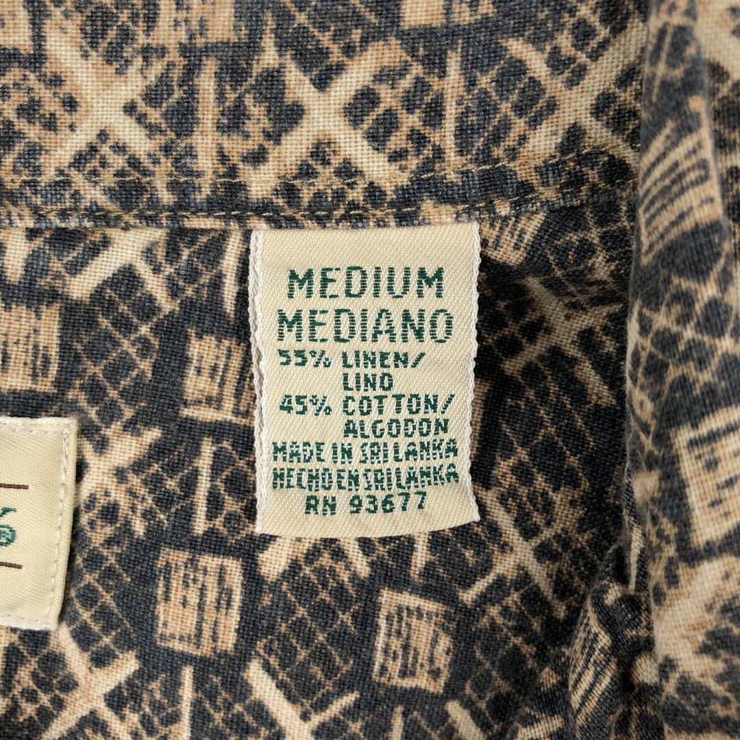 1990'S St. John's Bay all-over print short-sleeved linen x cotton box shirt, men's size M equivalent, vintage. linen beige type brown Vintage Second Hand