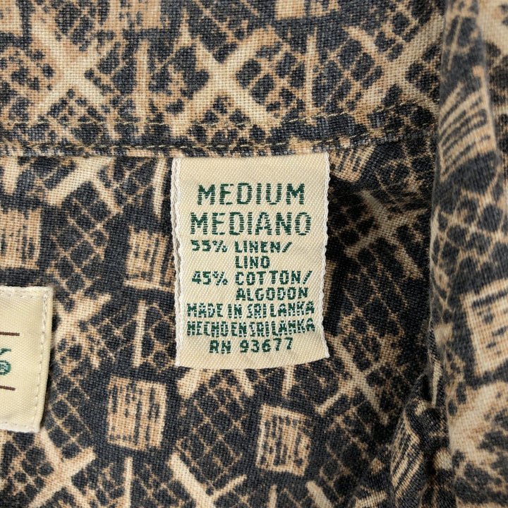 1990'S St. John's Bay all-over print short-sleeved linen x cotton box shirt, men's size M equivalent, vintage. linen beige type brown Vintage Second Hand