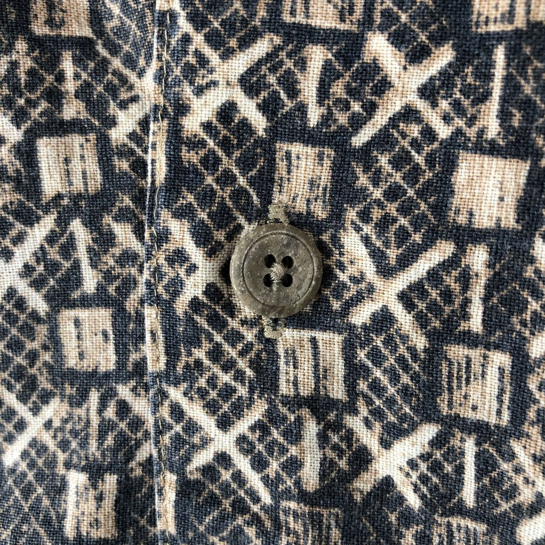 1990'S St. John's Bay all-over print short-sleeved linen x cotton box shirt, men's size M equivalent, vintage. linen beige type brown Vintage Second Hand