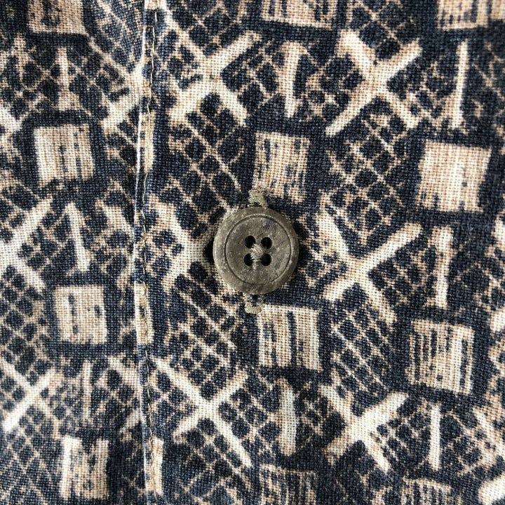 1990'S St. John's Bay all-over print short-sleeved linen x cotton box shirt, men's size M equivalent, vintage. linen beige type brown Vintage Second Hand