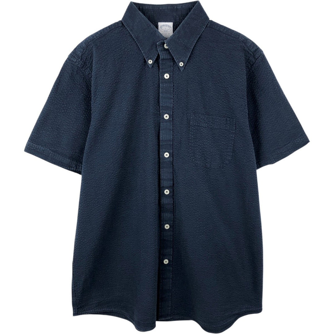 Brooks Brothers 1818 REGENT FIT Seersucker Short-Sleeve Button-Down Shirt, Men's Size L (approx.) cotton navy blue type Vintage Second Hand