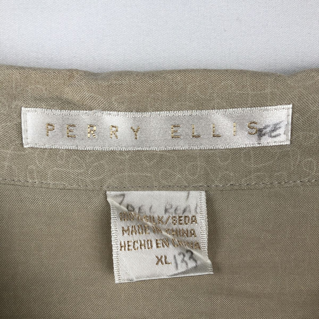 Perry Ellis All-over Print Short Sleeve Open Collar Silk Shirt Box Shirt Men's XL silk beige type brown Vintage Second Hand
