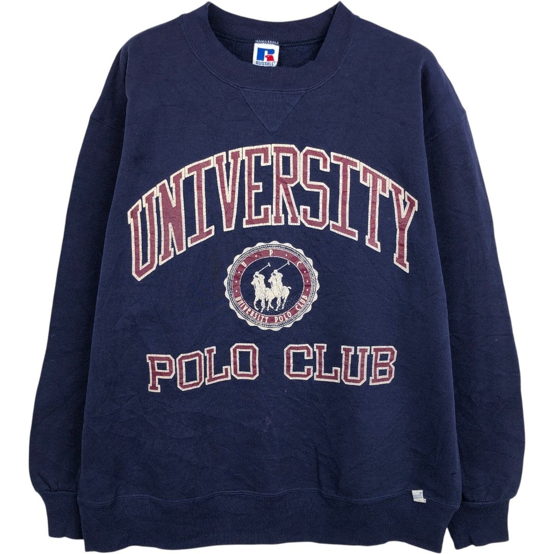 90'S Russell 3-row print college sweatshirt, made in USA, men's XL size, vintage cotton navy blue type Vintage Second Hand