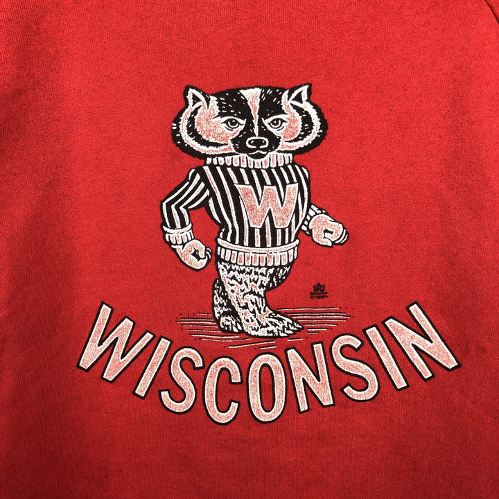80'S Jerseys University of Wisconsin College Character Sweatshirt, Made in USA, Men's XL equivalent. polyester red type Vintage Second Hand