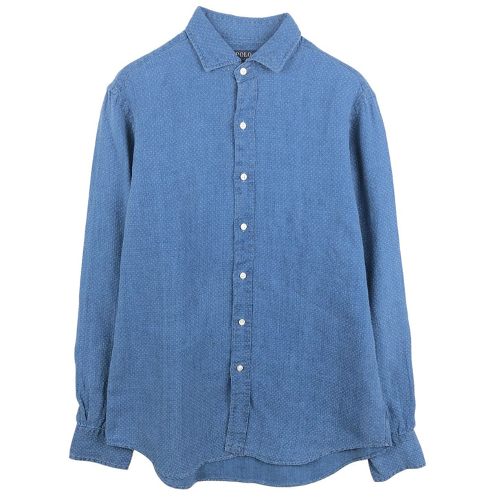 Ralph Lauren POLO RALPH LAUREN CLASSIC FIT all-over print long-sleeved linen shirt, men's size M (approx.) linen Navy blue Vintage Second Hand