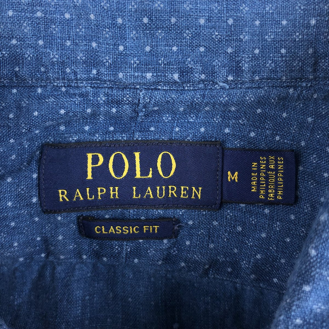 Ralph Lauren POLO RALPH LAUREN CLASSIC FIT all-over print long-sleeved linen shirt, men's size M (approx.) linen Navy blue Vintage Second Hand