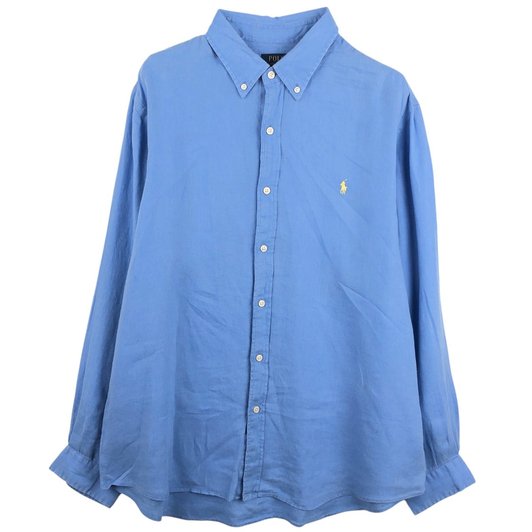 Ralph Lauren POLO RALPH LAUREN CUSTOM FIT Long-Sleeve Linen Button-Down Shirt, Men's Size XXL (approx.) linen blue type Vintage Second Hand