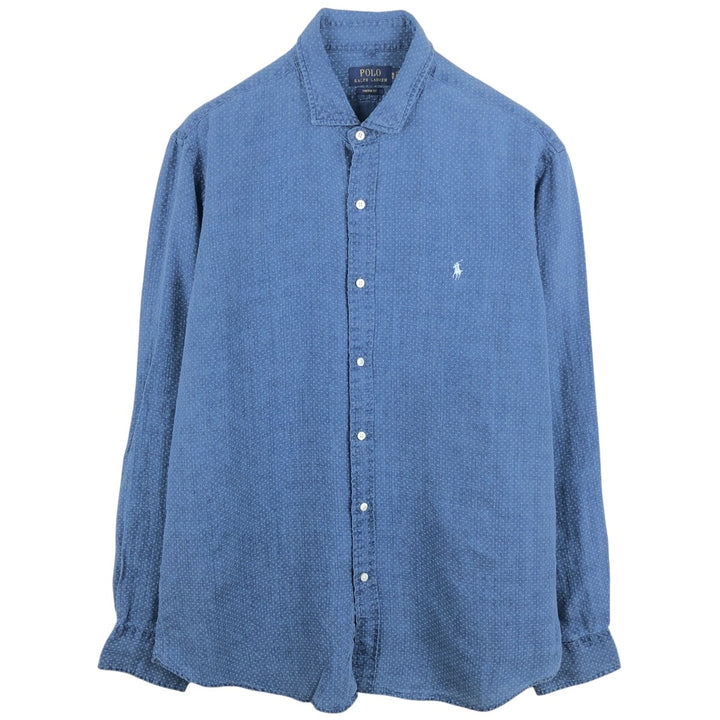 Ralph Lauren POLO RALPH LAUREN CUSTOM FIT all-over print long-sleeved linen shirt, men's size XL (approx.) linen Navy blue Vintage Second Hand