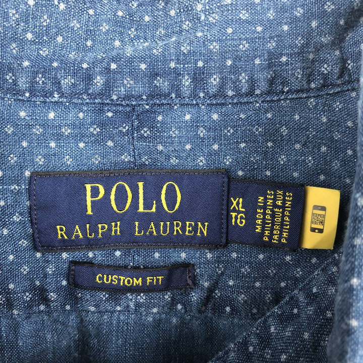 Ralph Lauren POLO RALPH LAUREN CUSTOM FIT all-over print long-sleeved linen shirt, men's size XL (approx.) linen Navy blue Vintage Second Hand