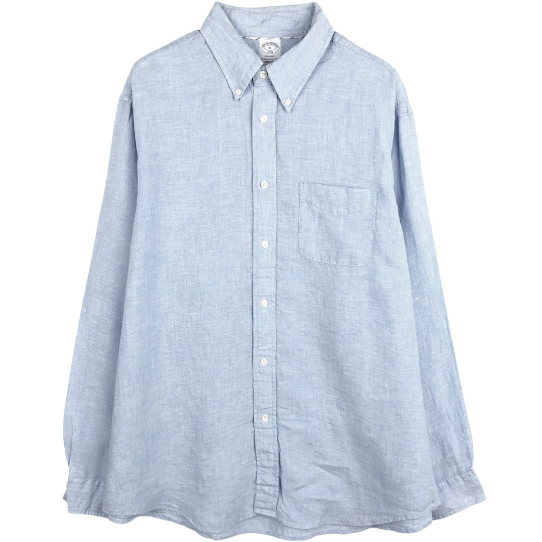 Brooks Brothers 1818 Long-Sleeve Linen Button-Down Shirt, Men's Size XL (approx.) linen Blue type light blue Vintage Second Hand