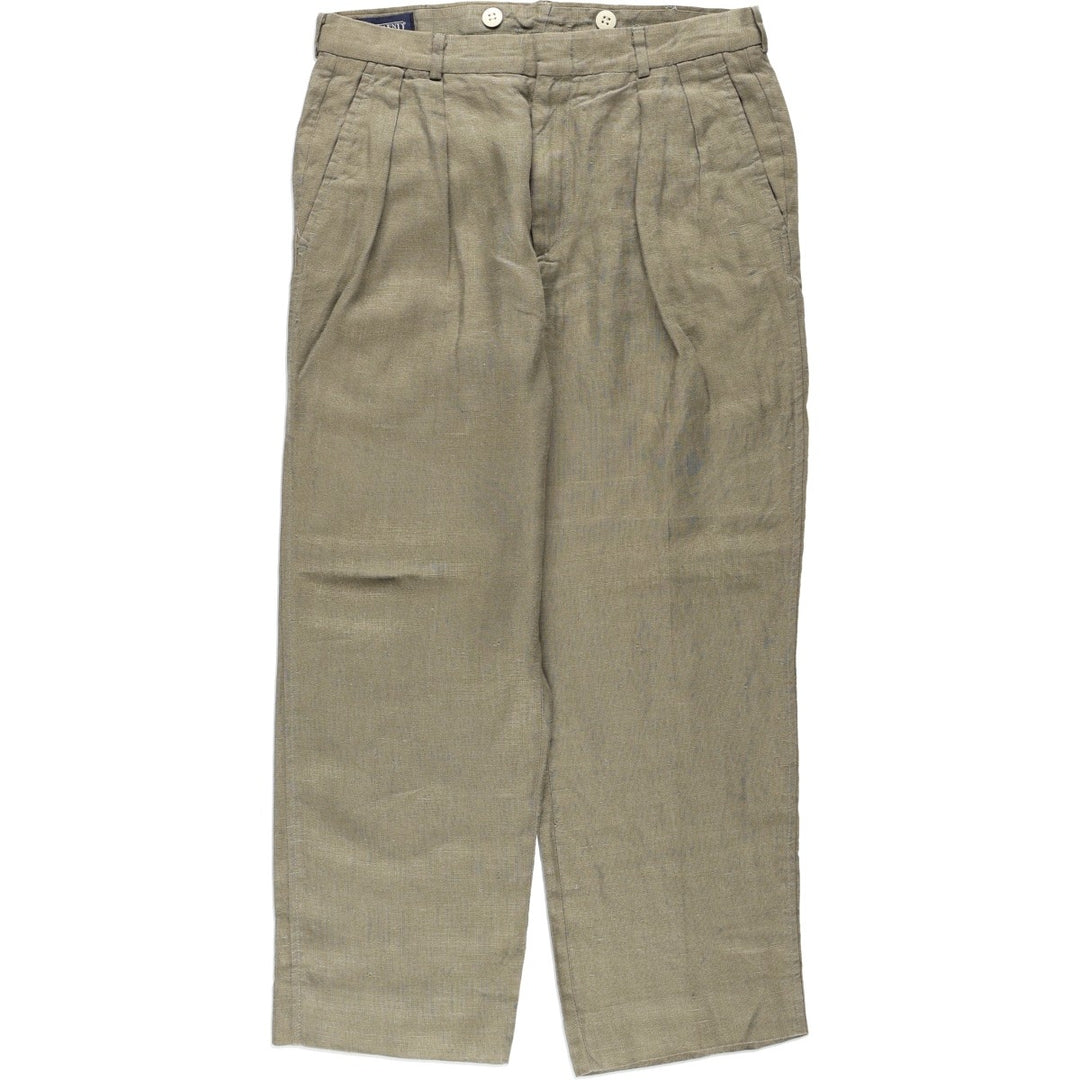Lands' End linen trousers, two-pleat, made in the USA, men's size W31 (approx.). linen Khaki type sage green Vintage Second Hand