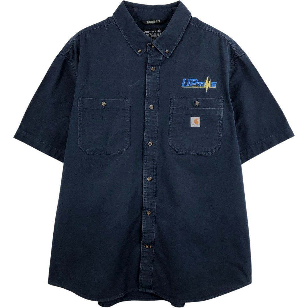 Carhartt Relaxed Fit Rugged Flex Button-Down Short-Sleeve Work Shirt (Men's XXL equivalent) cotton navy blue type Vintage Second Hand