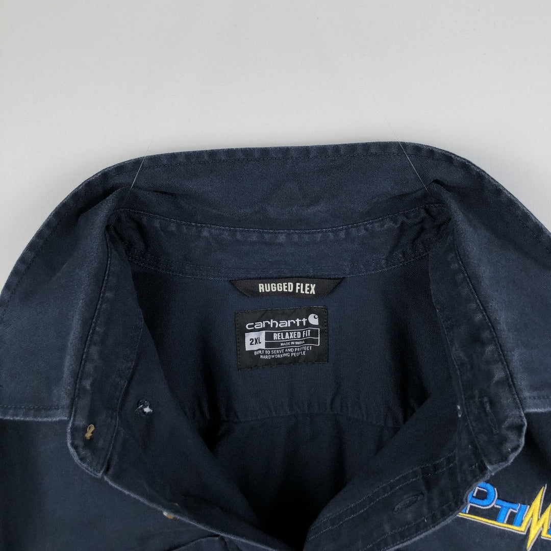 Carhartt Relaxed Fit Rugged Flex Button-Down Short-Sleeve Work Shirt (Men's XXL equivalent) cotton navy blue type Vintage Second Hand