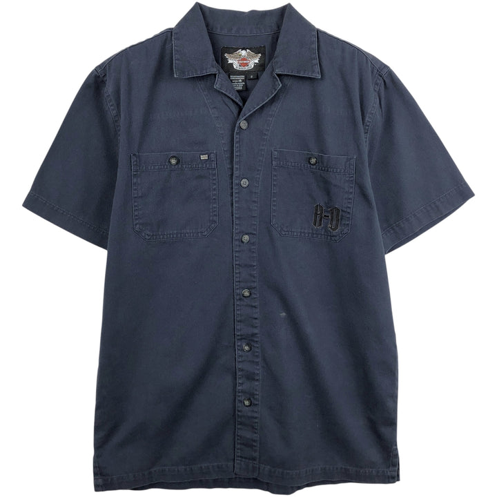 Harley-Davidson Open Collar Short Sleeve Work Shirt Box Shirt Men's S Size cotton navy blue type Vintage Second Hand