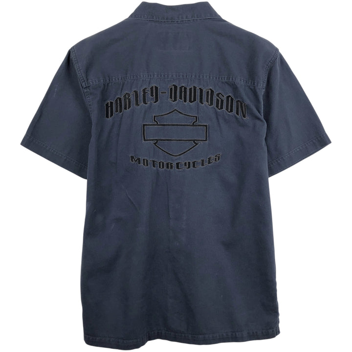 Harley-Davidson Open Collar Short Sleeve Work Shirt Box Shirt Men's S Size cotton navy blue type Vintage Second Hand