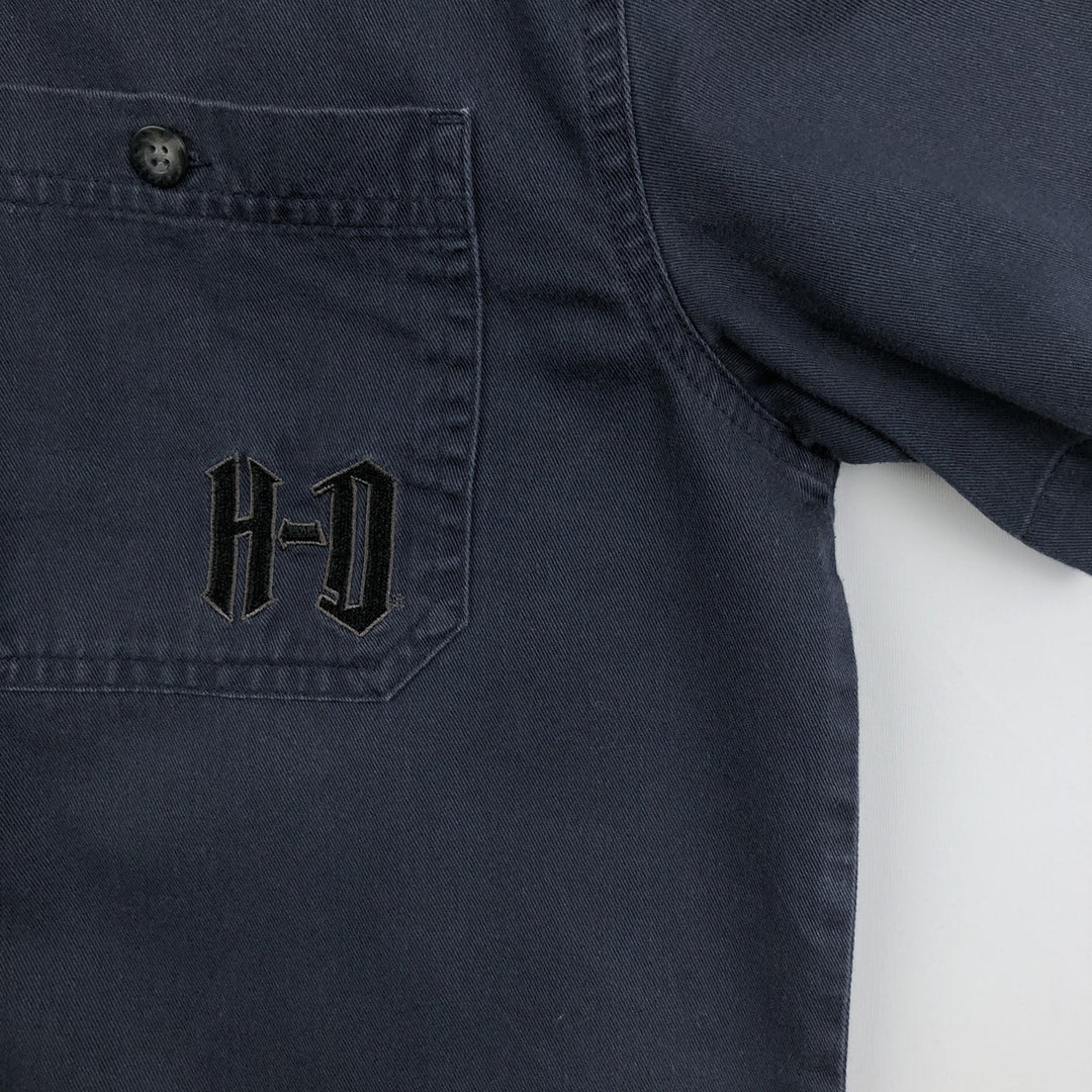 Harley-Davidson Open Collar Short Sleeve Work Shirt Box Shirt Men's S Size cotton navy blue type Vintage Second Hand