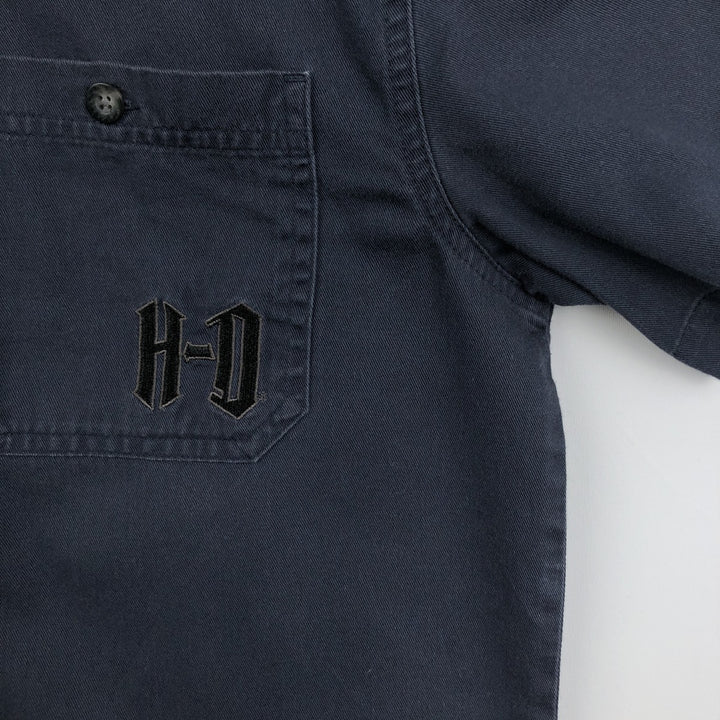 Harley-Davidson Open Collar Short Sleeve Work Shirt Box Shirt Men's S Size cotton navy blue type Vintage Second Hand
