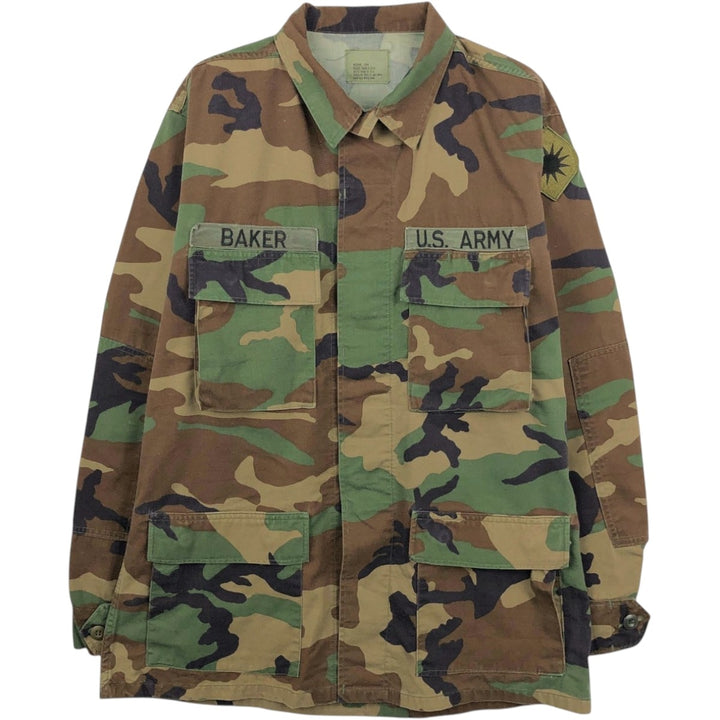 1990'S US Military Issue Camouflage Pattern Woodland Camo BDU Military Jacket, Made in USA, Medium-Long unclear Khaki type Vintage Second Hand