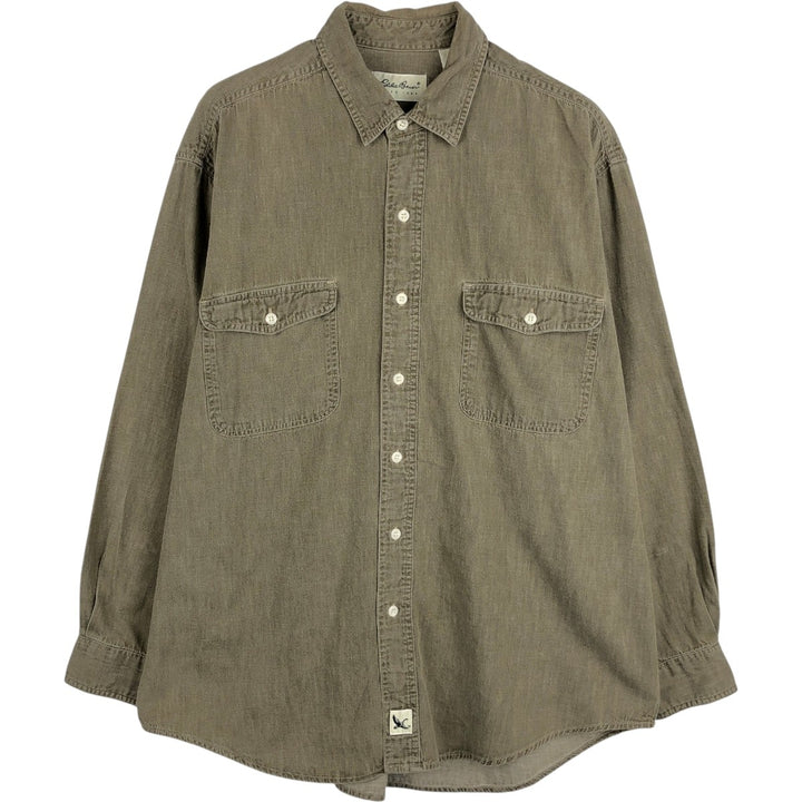 Eddie Bauer long-sleeved cotton shirt, men's size L (approx.) cotton Khaki type Vintage Second Hand