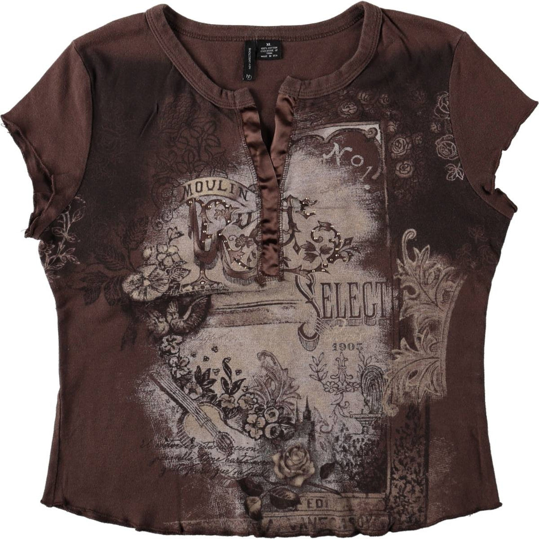 NEW DIRECTIONS Slit Neck Rhinestone Large Print T-Shirt, Made in USA, Women's XL Equivalent cotton brown type Vintage Second Hand