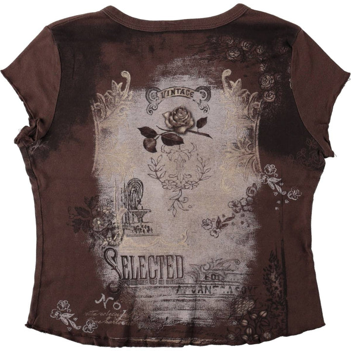 NEW DIRECTIONS Slit Neck Rhinestone Large Print T-Shirt, Made in USA, Women's XL Equivalent cotton brown type Vintage Second Hand