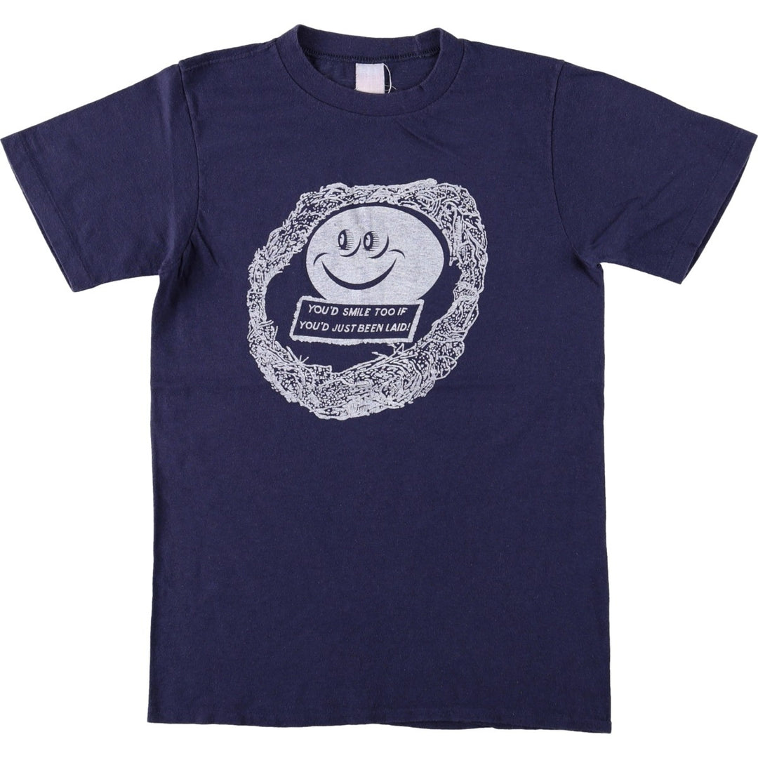 70'S printed T-shirt, women's size S equivalent, vintage. unclear navy blue type Vintage Second Hand