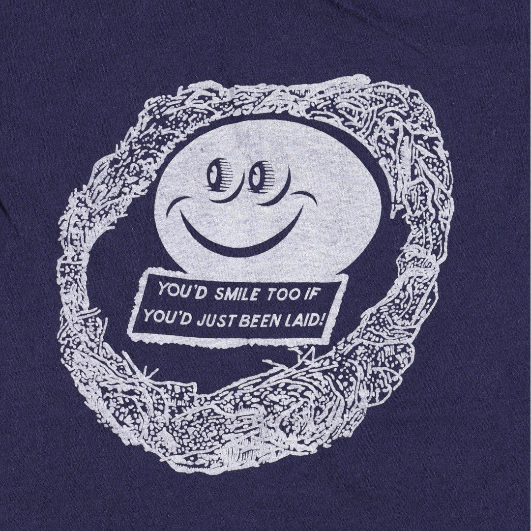 70'S printed T-shirt, women's size S equivalent, vintage. unclear navy blue type Vintage Second Hand