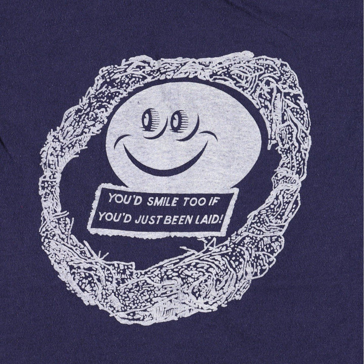 70'S printed T-shirt, women's size S equivalent, vintage. unclear navy blue type Vintage Second Hand