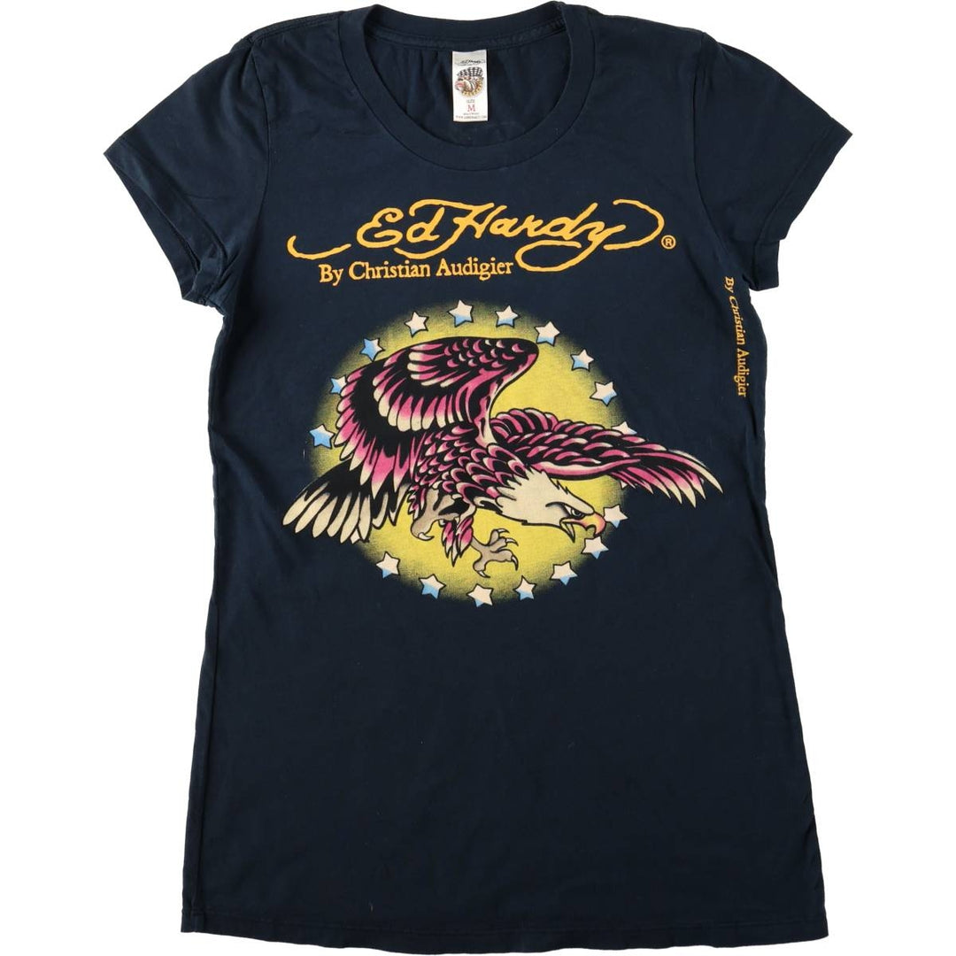 Ed Hardy Eagle Pattern Print T-Shirt, Made in USA, Women's Size M (approx.) cotton black type Vintage Second Hand