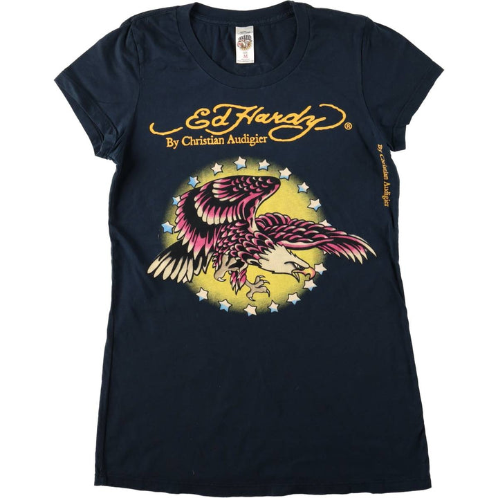Ed Hardy Eagle Pattern Print T-Shirt, Made in USA, Women's Size M (approx.) cotton black type Vintage Second Hand