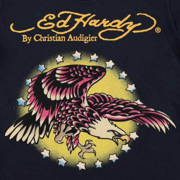Ed Hardy Eagle Pattern Print T-Shirt, Made in USA, Women's Size M (approx.) cotton black type Vintage Second Hand