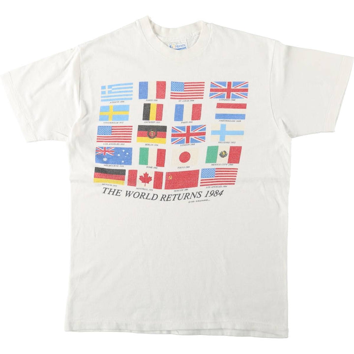 80'S Hanes Blue Tag Flag Pattern Los Angeles Olympics 1984 Sports Print T-Shirt Men's Size M (Equivalent) Vintage cotton white type Vintage Second Hand