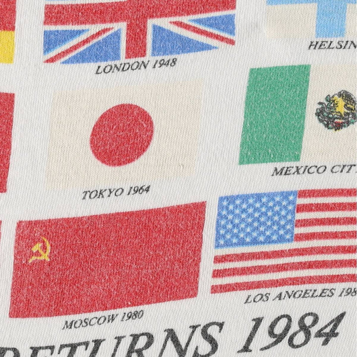80'S Hanes Blue Tag Flag Pattern Los Angeles Olympics 1984 Sports Print T-Shirt Men's Size M (Equivalent) Vintage cotton white type Vintage Second Hand