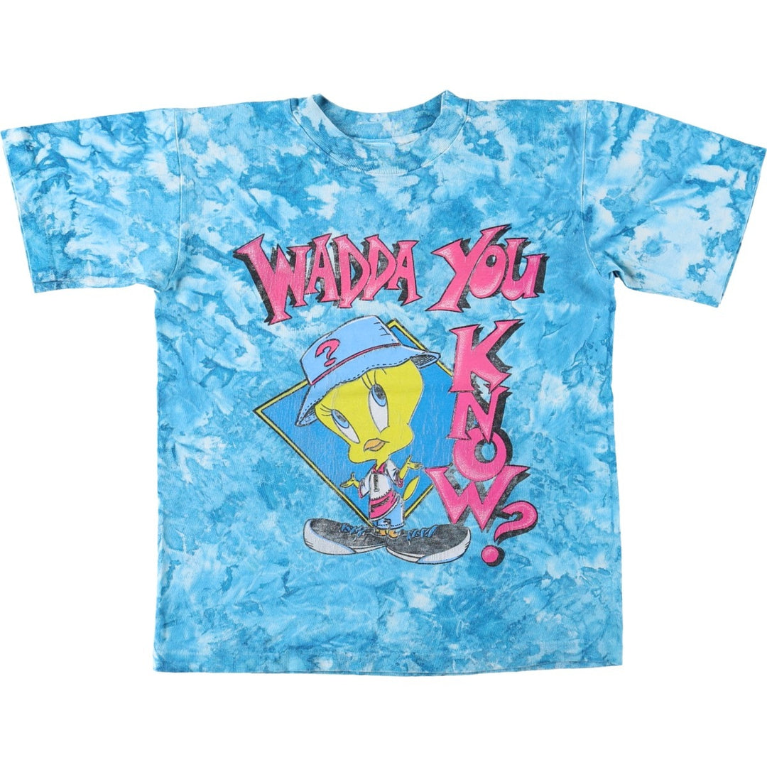 90'S Looney Tunes Tweety Tie-Dye Pattern Character Print T-Shirt, Made in USA, Women's Size S (Equivalent), Vintage cotton Blue type light blue Vintage Second Hand