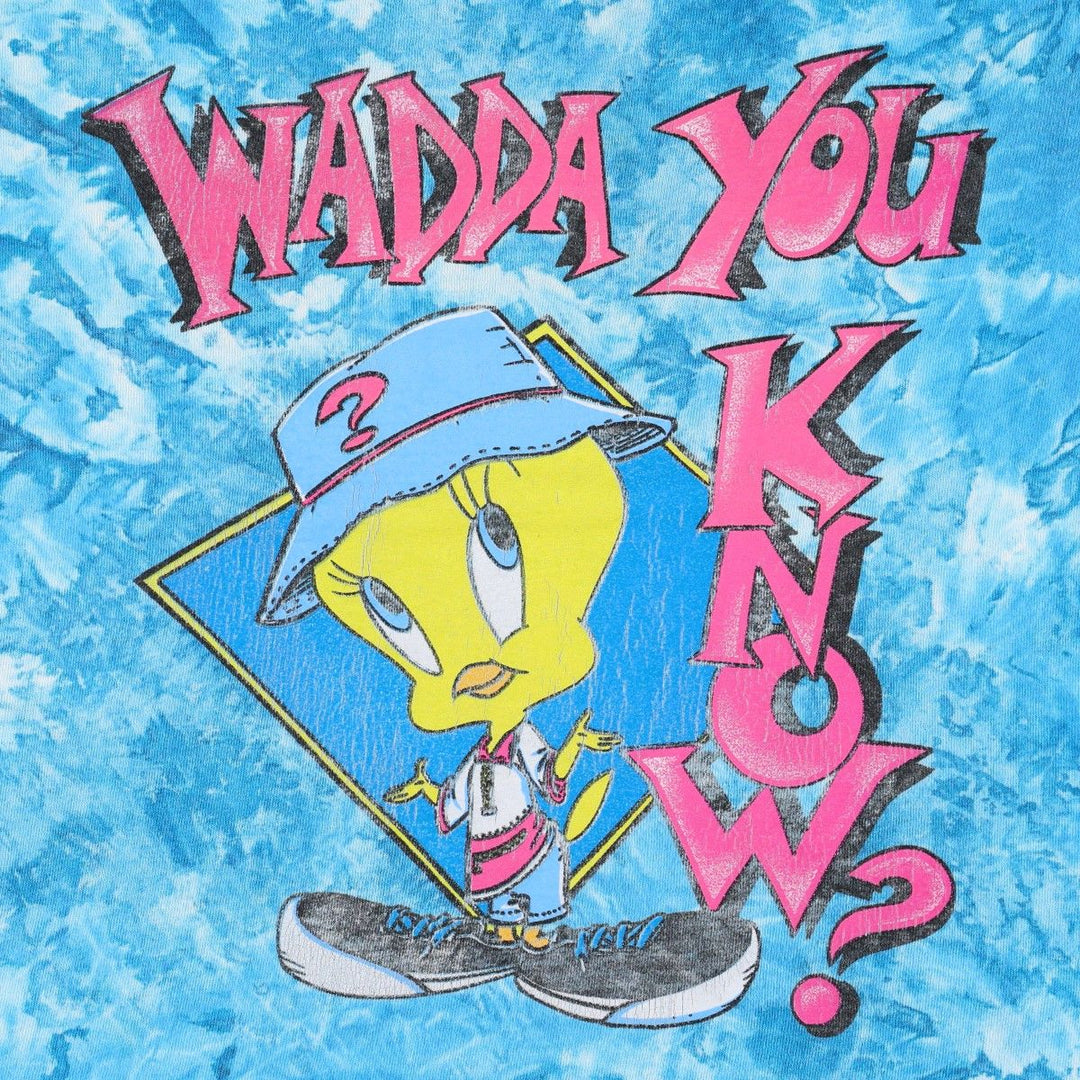 90'S Looney Tunes Tweety Tie-Dye Pattern Character Print T-Shirt, Made in USA, Women's Size S (Equivalent), Vintage cotton Blue type light blue Vintage Second Hand