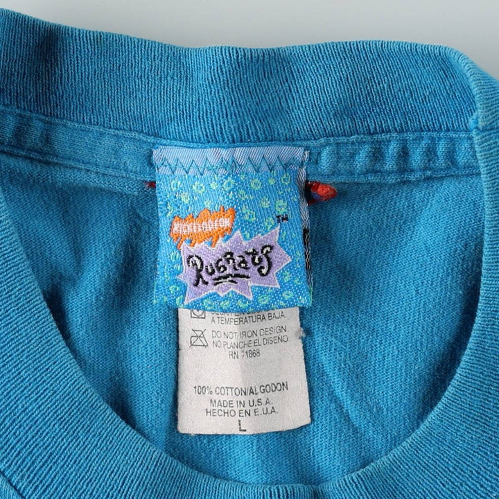 90'S RUGRATS Large Print Character T-Shirt, Made in USA, Women's Size L (Equivalent), Vintage cotton Blue type light blue Vintage Second Hand