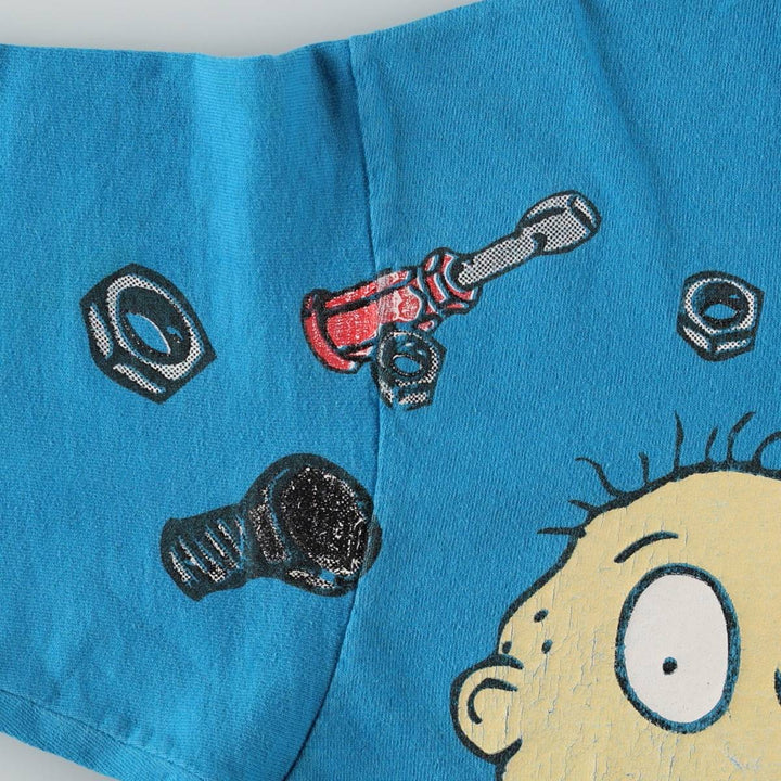 90'S RUGRATS Large Print Character T-Shirt, Made in USA, Women's Size L (Equivalent), Vintage cotton Blue type light blue Vintage Second Hand