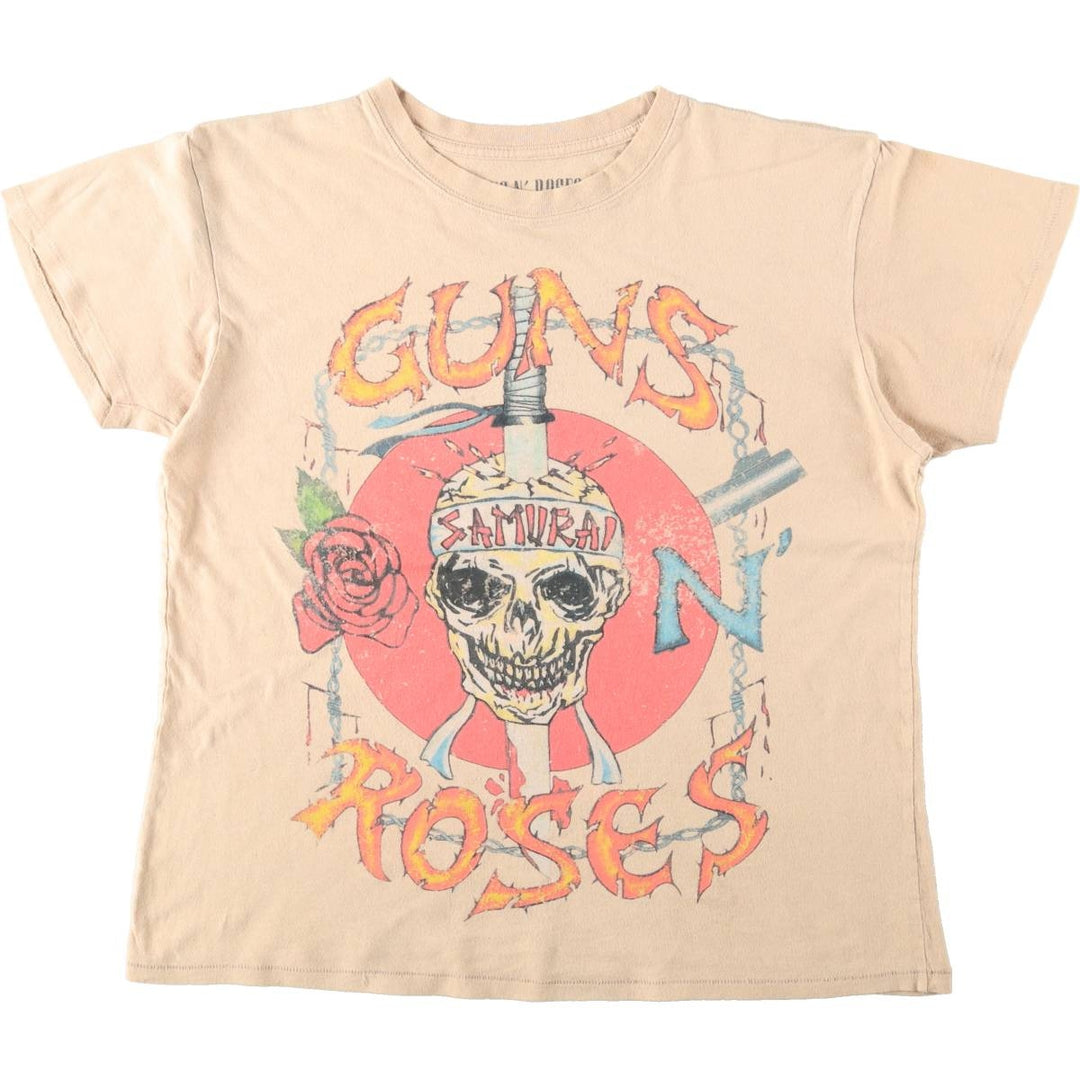 GUNS N' ROSES Skull Pattern Band T-Shirt (Women's Size L) cotton beige type brown Vintage Second Hand