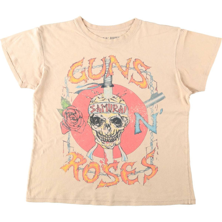 GUNS N' ROSES Skull Pattern Band T-Shirt (Women's Size L) cotton beige type brown Vintage Second Hand