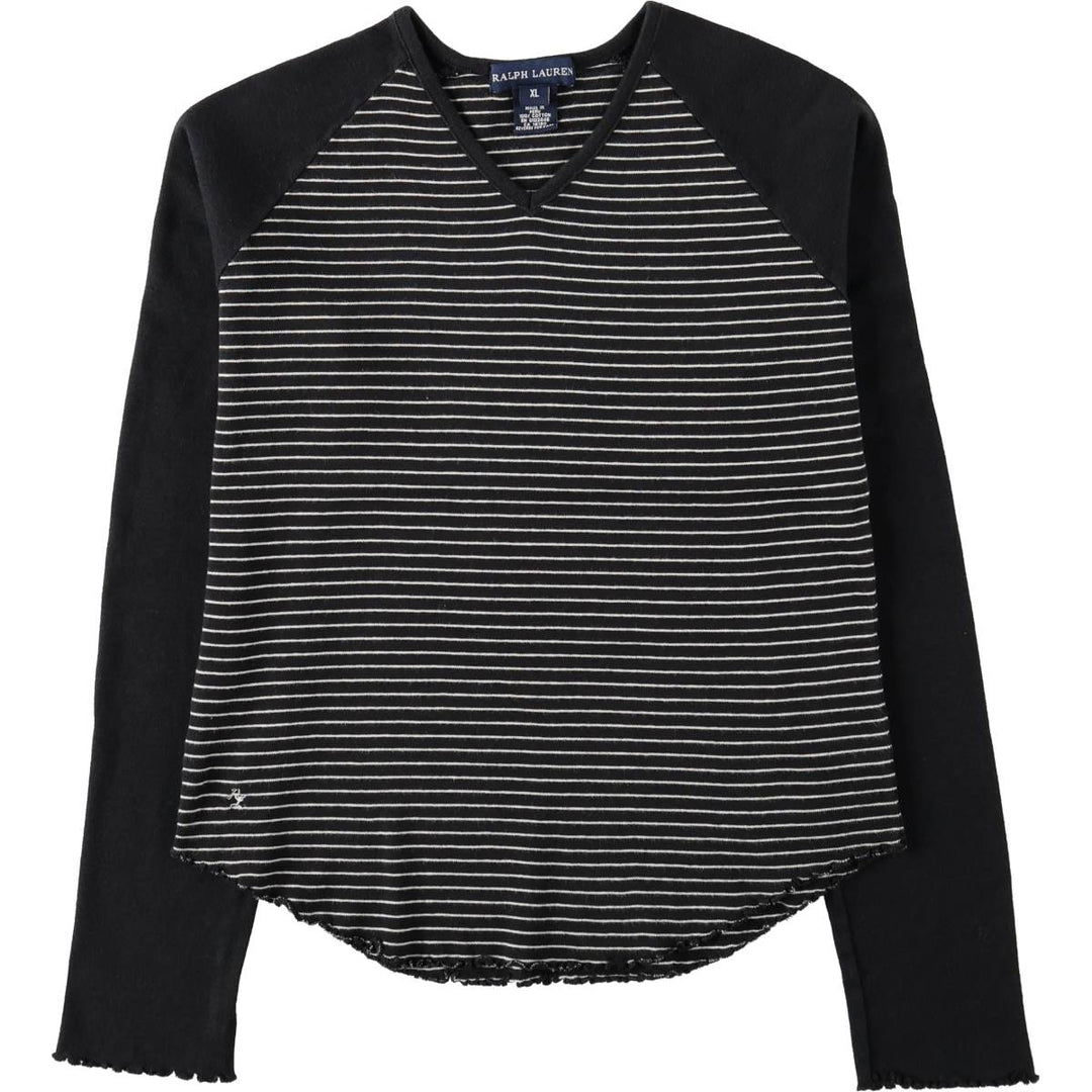 Ralph Lauren striped V-neck long-sleeved T-shirt (women's size XL equivalent) cotton black type Vintage Second Hand