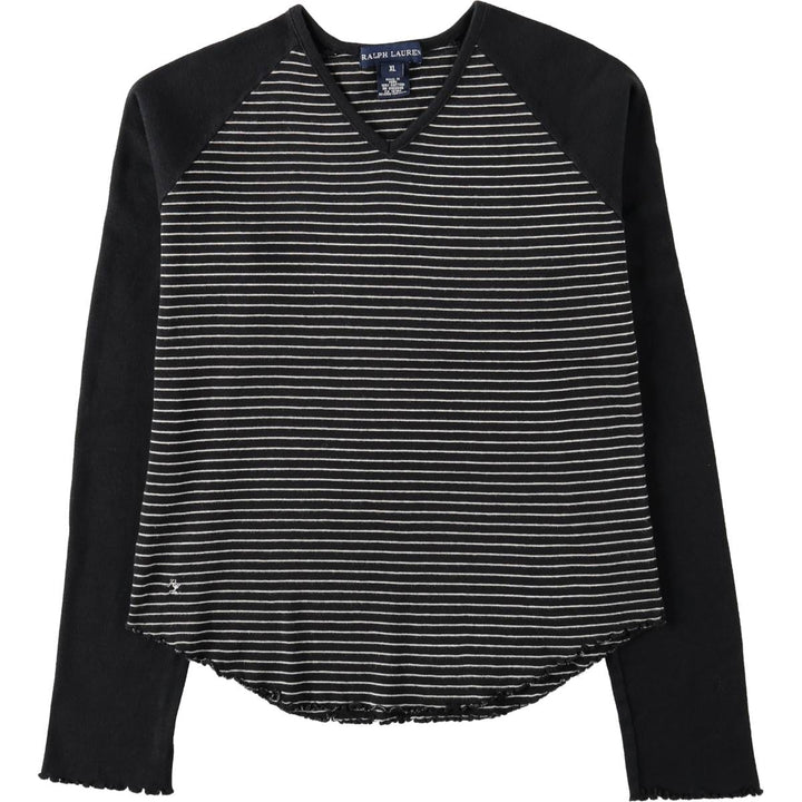 Ralph Lauren striped V-neck long-sleeved T-shirt (women's size XL equivalent) cotton black type Vintage Second Hand