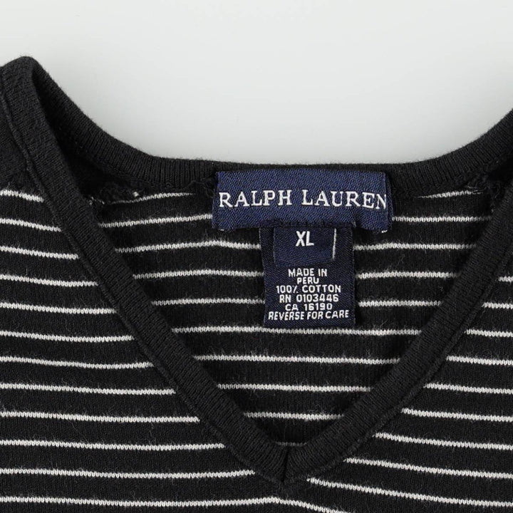 Ralph Lauren striped V-neck long-sleeved T-shirt (women's size XL equivalent) cotton black type Vintage Second Hand