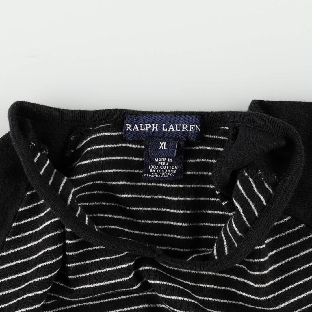 Ralph Lauren striped V-neck long-sleeved T-shirt (women's size XL equivalent) cotton black type Vintage Second Hand
