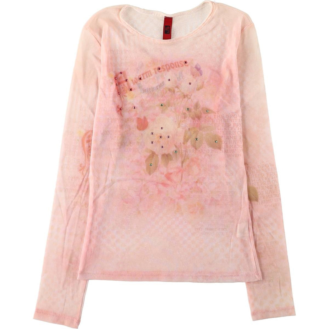 JUST TIME Rhinestone-embellished All-over Print Long-Sleeve T-Shirt, Sheer Top, Made in USA, Women's Size M Nylon pink type Vintage Second Hand