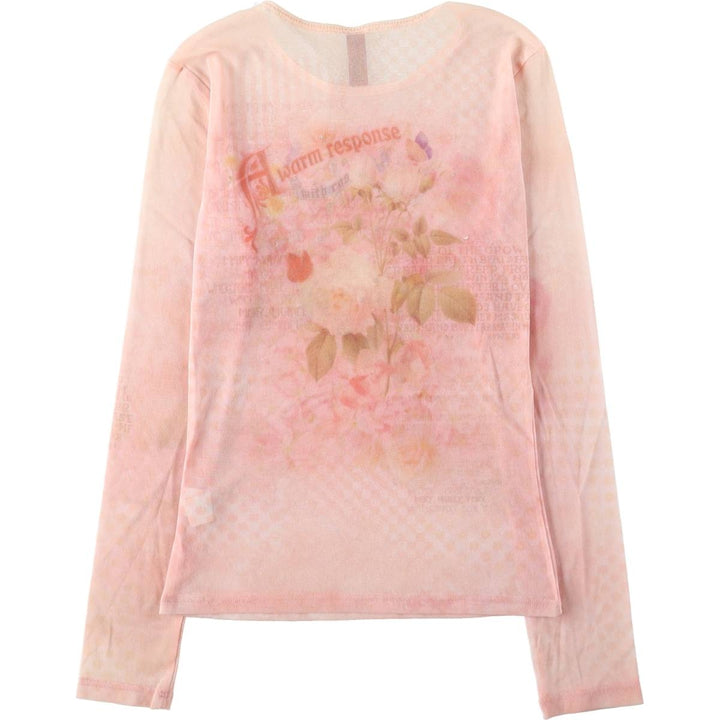 JUST TIME Rhinestone-embellished All-over Print Long-Sleeve T-Shirt, Sheer Top, Made in USA, Women's Size M Nylon pink type Vintage Second Hand