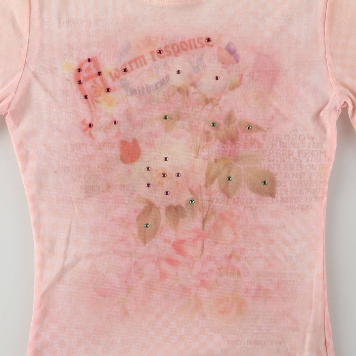 JUST TIME Rhinestone-embellished All-over Print Long-Sleeve T-Shirt, Sheer Top, Made in USA, Women's Size M Nylon pink type Vintage Second Hand
