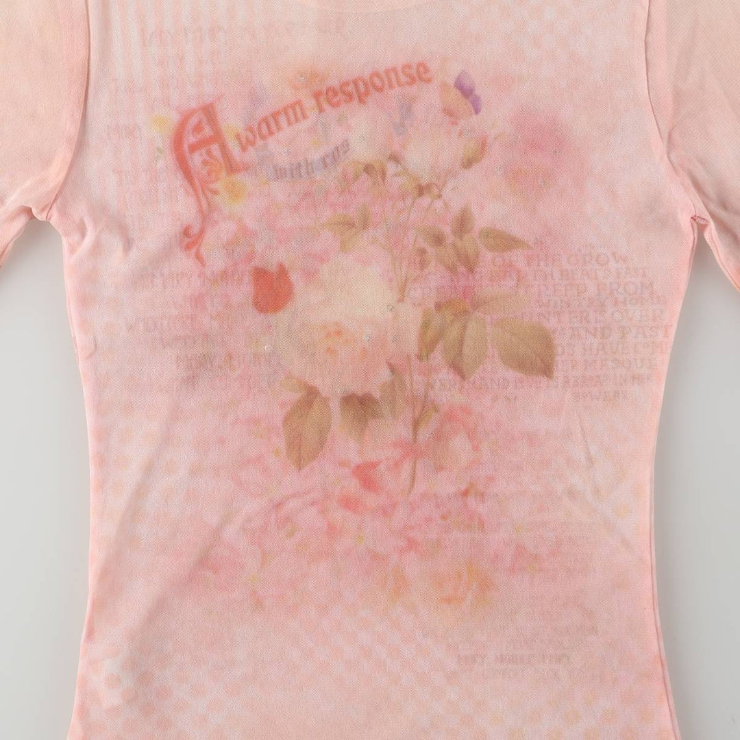 JUST TIME Rhinestone-embellished All-over Print Long-Sleeve T-Shirt, Sheer Top, Made in USA, Women's Size M Nylon pink type Vintage Second Hand