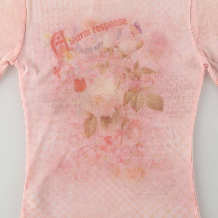 JUST TIME Rhinestone-embellished All-over Print Long-Sleeve T-Shirt, Sheer Top, Made in USA, Women's Size M Nylon pink type Vintage Second Hand
