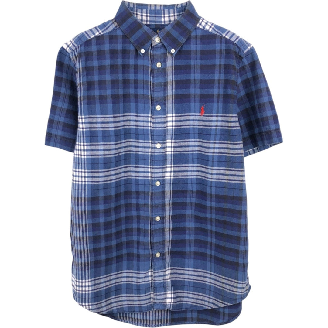 Ralph Lauren check pattern button-down short-sleeved cotton x linen shirt, women's size L (approx.) linen navy blue type Vintage Second Hand