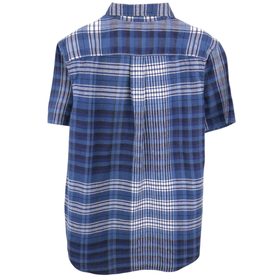 Ralph Lauren check pattern button-down short-sleeved cotton x linen shirt, women's size L (approx.) linen navy blue type Vintage Second Hand